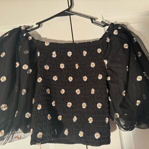 Black Floral top with embroided flower.